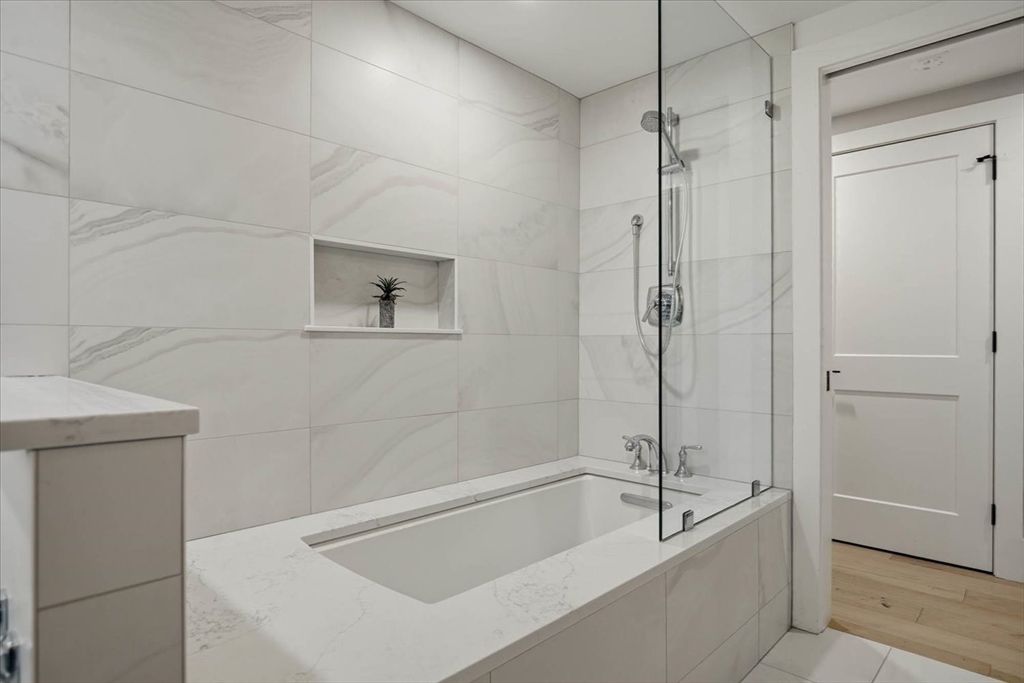 Bathroom, Glass Shower, Interior, Marble Walls, Wood Texture Flooring