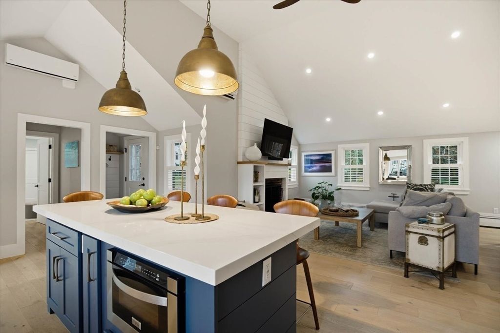 Fireplace, Interior, Kitchen, Living room, Pendant Lights, Recessed Lighting, Wood Texture Flooring