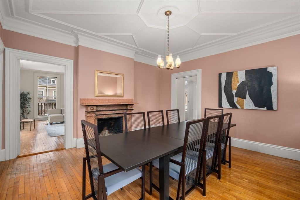 Dining room, Fireplace, Interior, Pendant Lights, Wood Texture Flooring