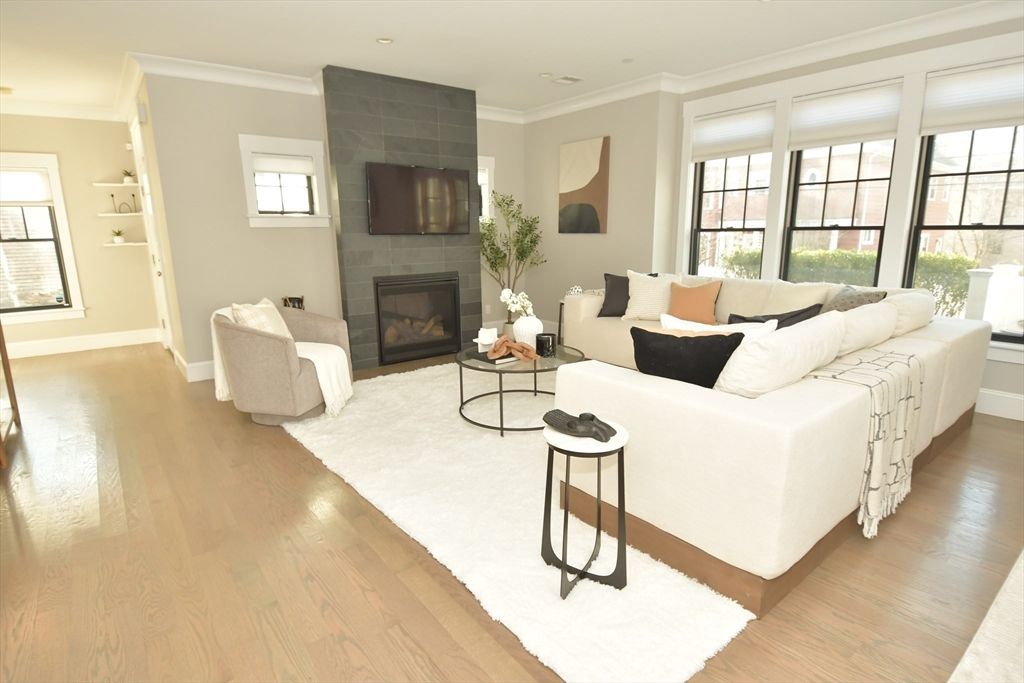 Fireplace, Interior, Living room, Recessed Lighting, Wood Texture Flooring