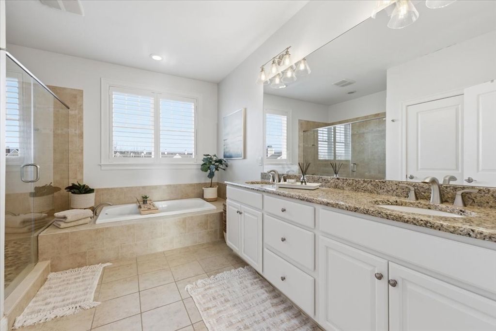 Bathroom, Dual Sink Vanities, Glass Shower, Interior, Recessed Lighting