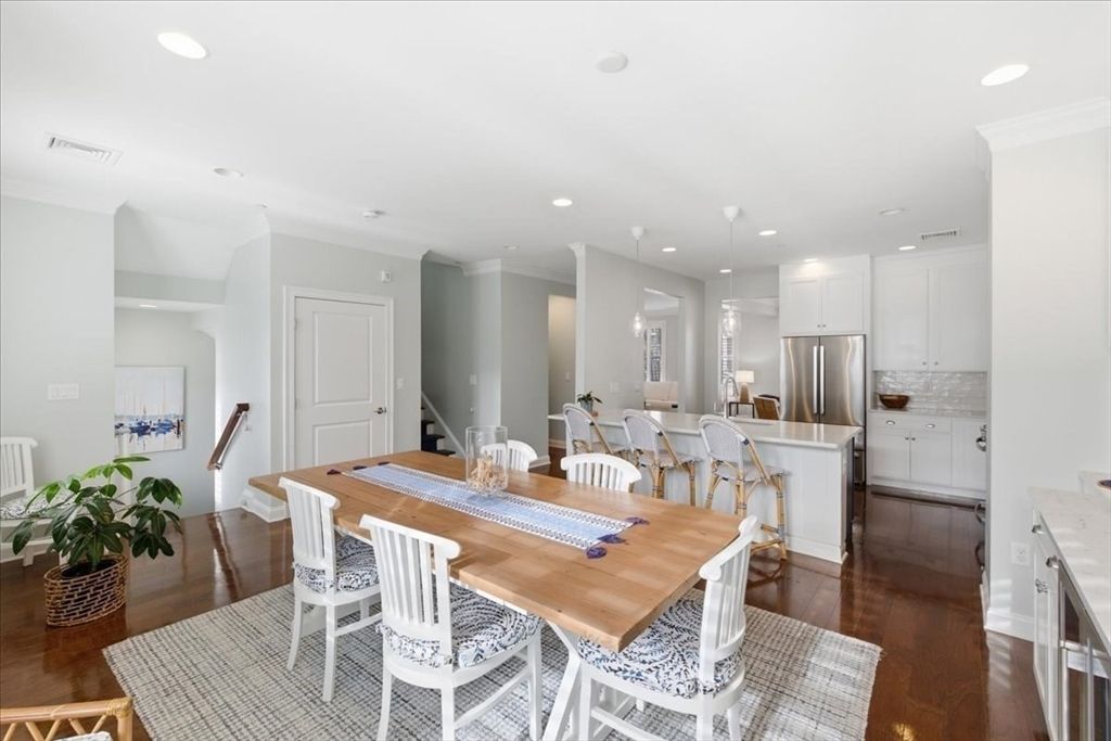 Dining room, Interior, Kitchen, Recessed Lighting, Stainless Steel Appliances, Wood Texture Flooring