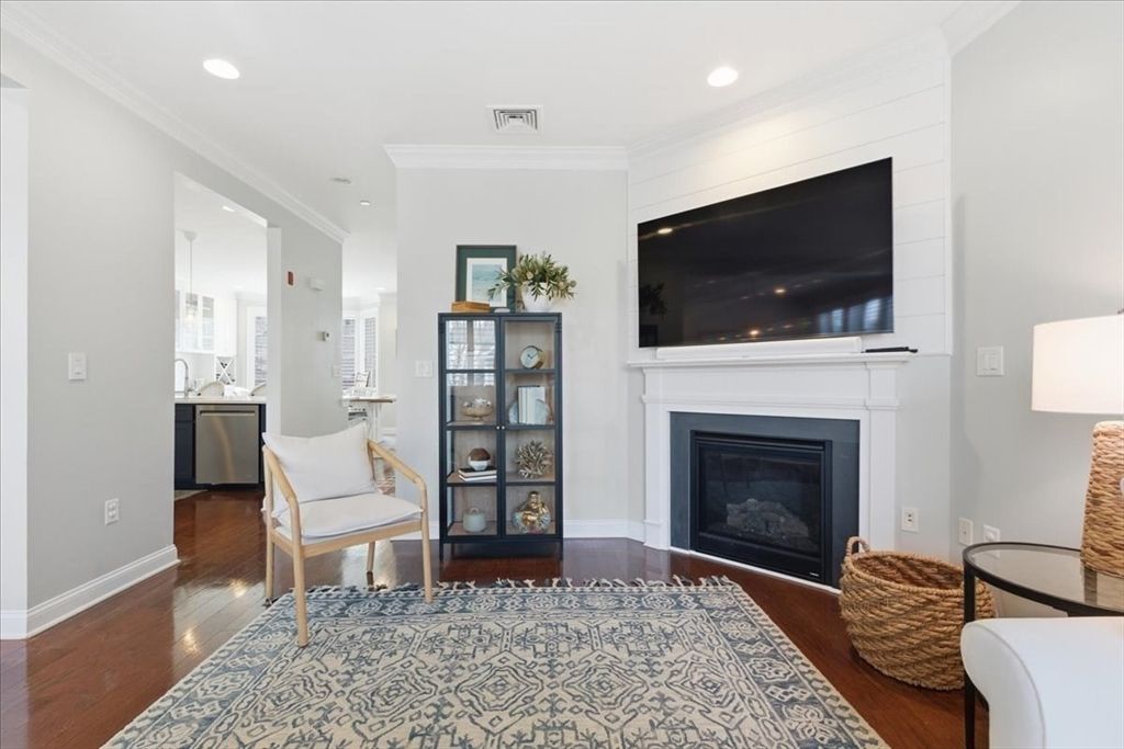 Fireplace, Interior, Recessed Lighting, Wood Texture Flooring