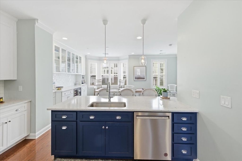 Dining room, Interior, Kitchen, Pendant Lights, Recessed Lighting, Stainless Steel Appliances, Wood Texture Flooring