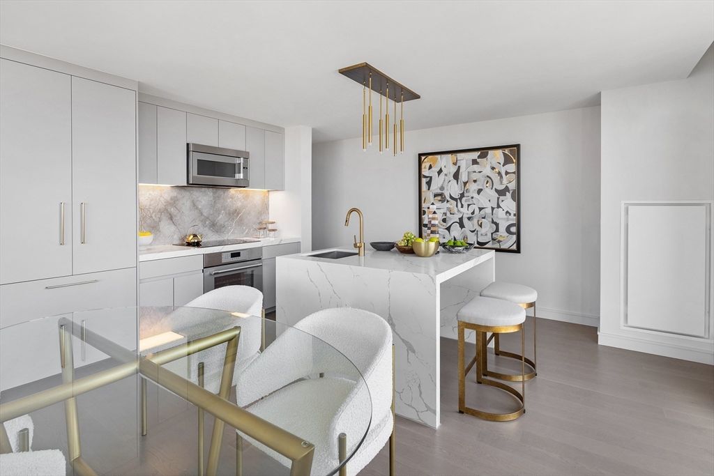 Interior, Kitchen, Marble Walls, Pendant Lights, Stainless Steel Appliances, Wood Texture Flooring