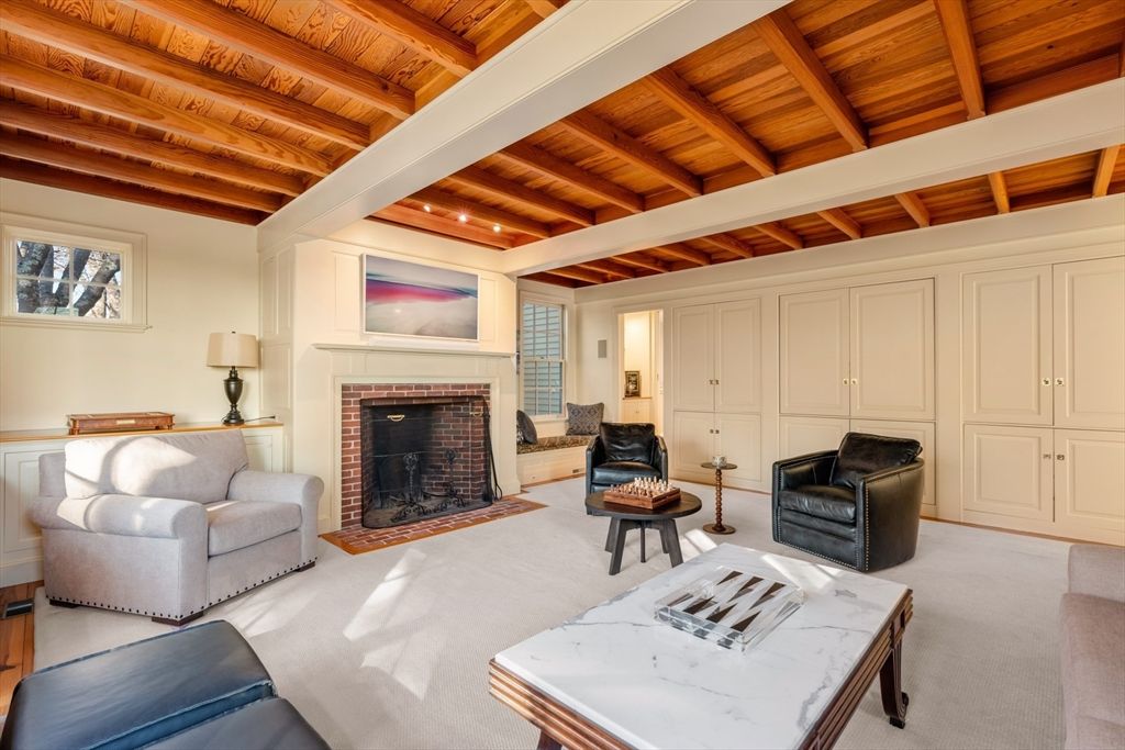 Fireplace, Interior, Living room, Recessed Lighting, Wooden Beams, Wooden Ceilings