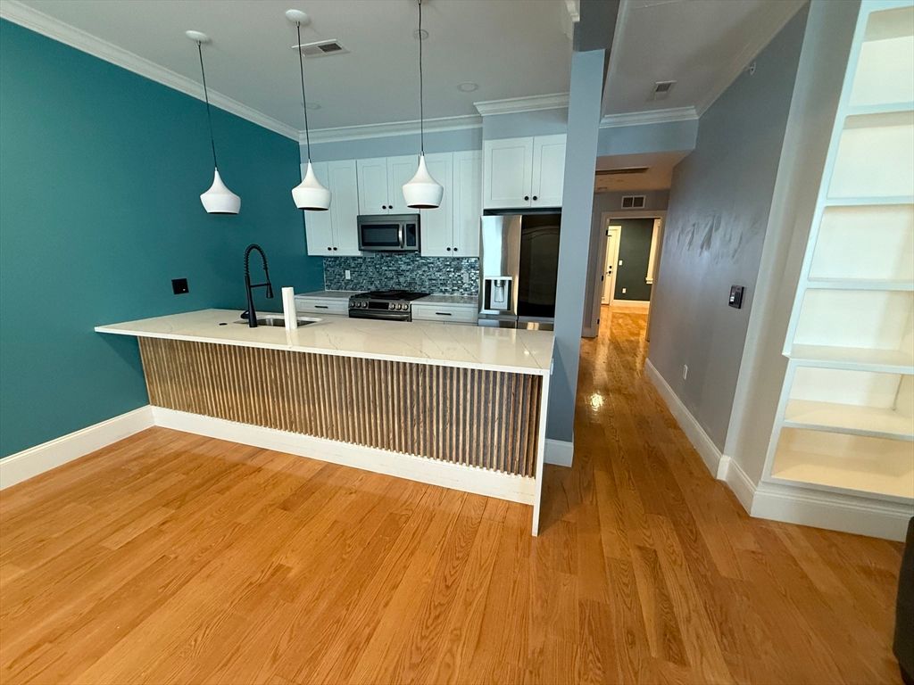 Interior, Kitchen, Pendant Lights, Stainless Steel Appliances, Wood Texture Flooring