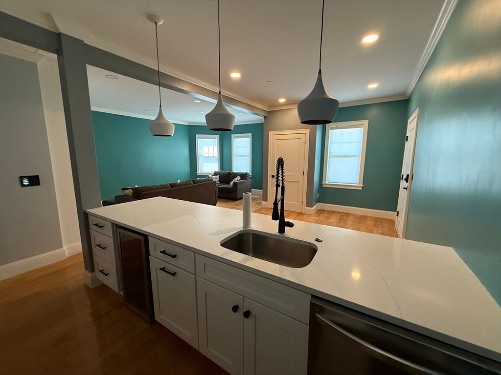 Interior, Kitchen, Pendant Lights, Recessed Lighting, Wood Texture Flooring