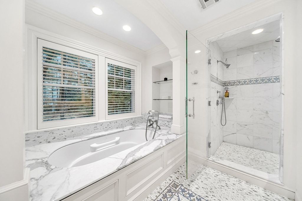 Bathroom, Glass Shower, Interior, Marble Walls, Recessed Lighting
