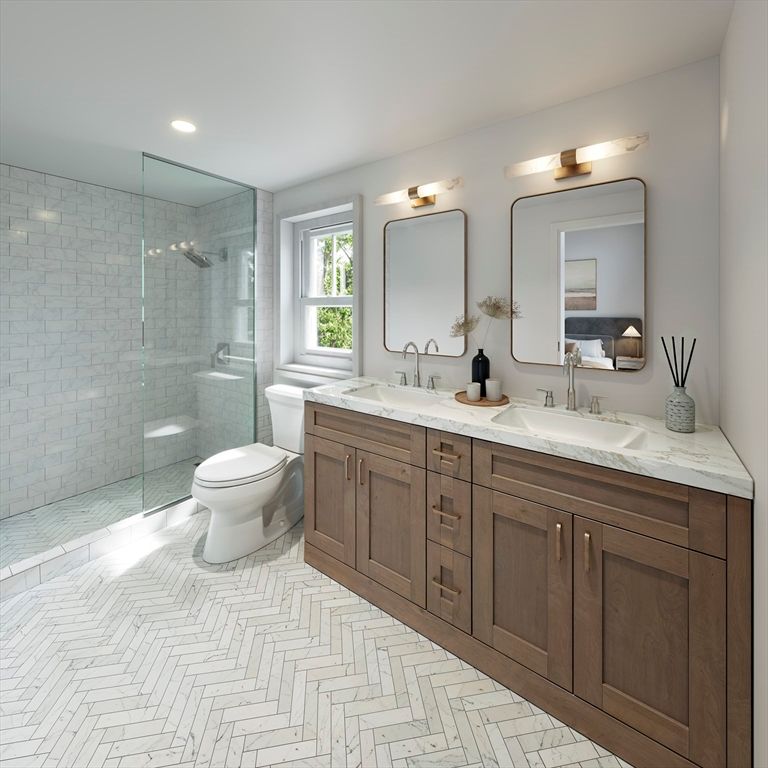 Bathroom, Dual Sink Vanities, Glass Shower, Interior, Recessed Lighting