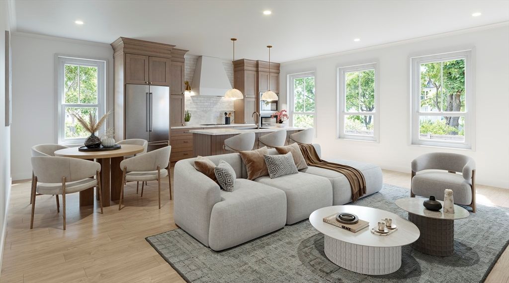 Dining room, Interior, Kitchen, Living room, Pendant Lights, Recessed Lighting, Wood Texture Flooring