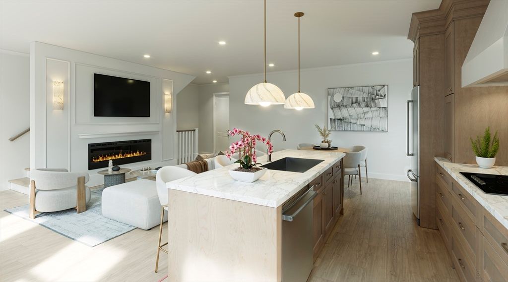 Dining room, Fireplace, Interior, Kitchen, Living room, Pendant Lights, Recessed Lighting, Wood Texture Flooring