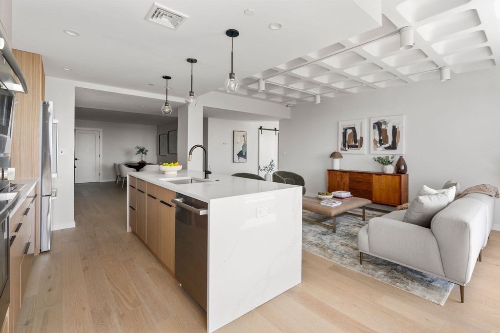 Interior, Kitchen, Living room, Pendant Lights, Recessed Lighting, Stainless Steel Appliances, Wood Texture Flooring