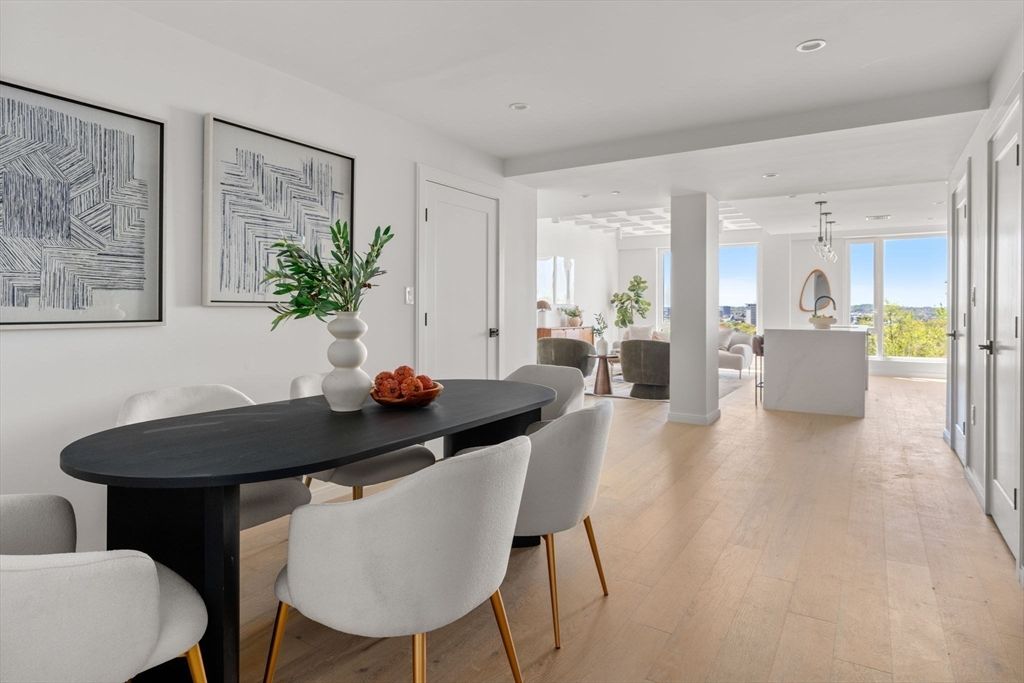 Dining room, Interior, Pendant Lights, Recessed Lighting, Wood Texture Flooring
