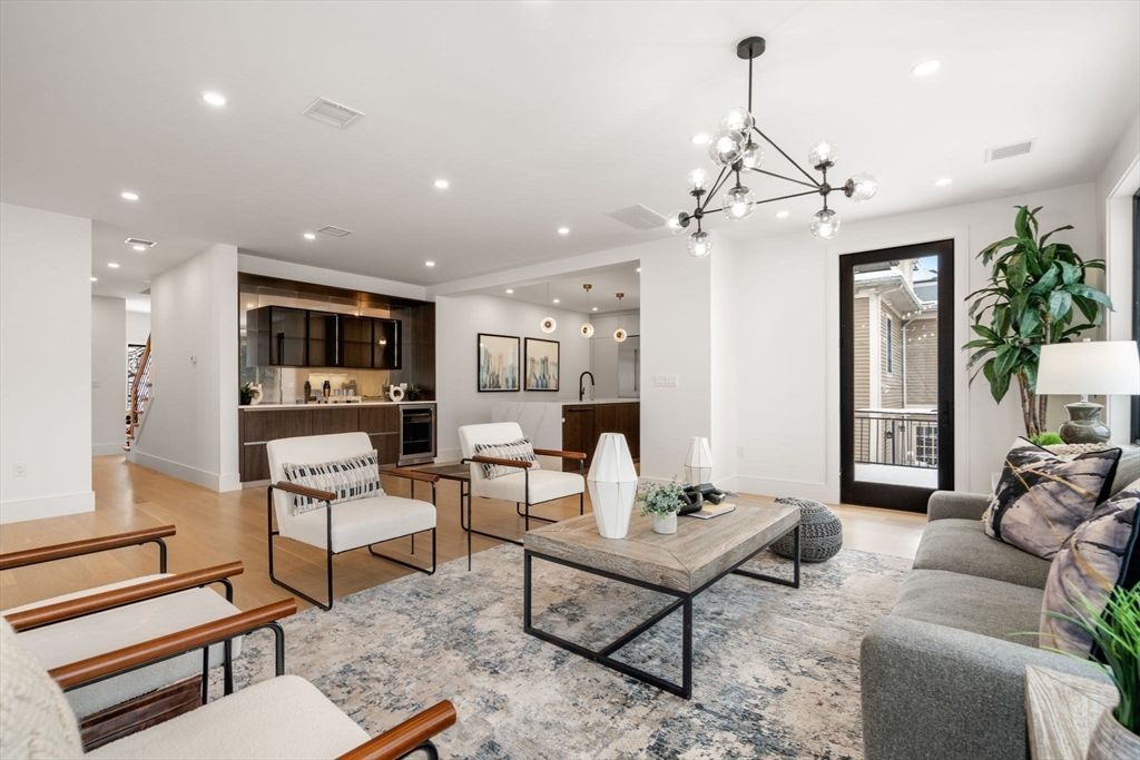 Interior, Living room, Pendant Lights, Recessed Lighting, Wood Texture Flooring