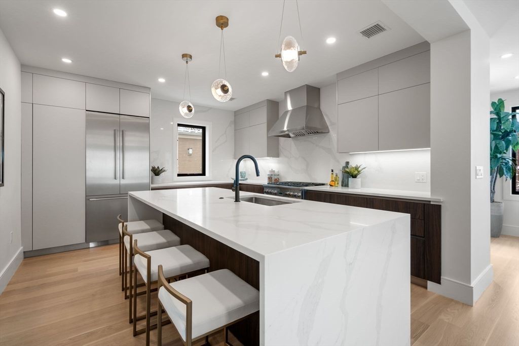 Interior, Kitchen, Pendant Lights, Recessed Lighting, Stainless Steel Appliances, Wood Texture Flooring