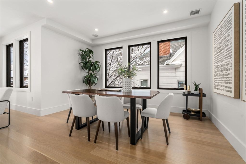 Dining room, Interior, Recessed Lighting, Wood Texture Flooring