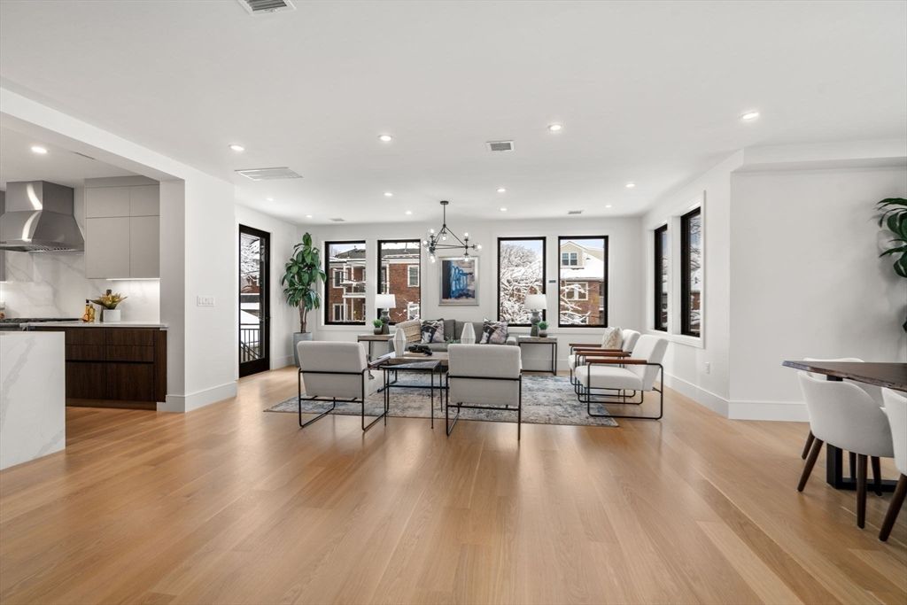 Dining room, Interior, Kitchen, Living room, Pendant Lights, Recessed Lighting, Stainless Steel Appliances, Wood Texture Flooring