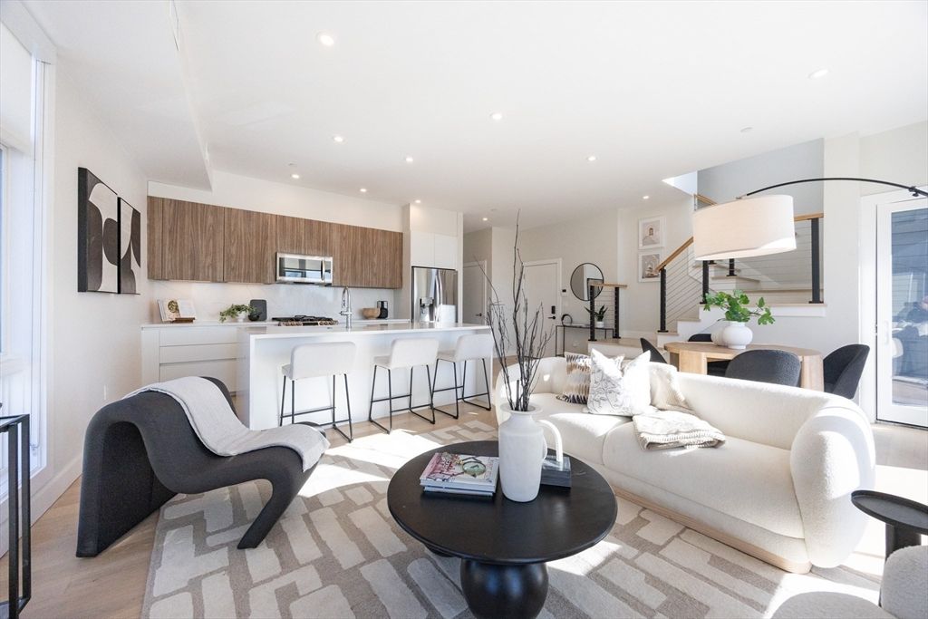 Dining room, Interior, Kitchen, Living room, Recessed Lighting, Stainless Steel Appliances, Wood Texture Flooring