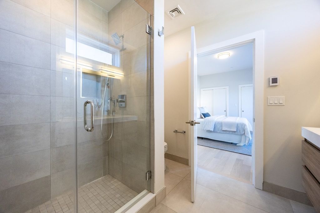Bathroom, Bedroom, Glass Shower, Interior, Wood Texture Flooring