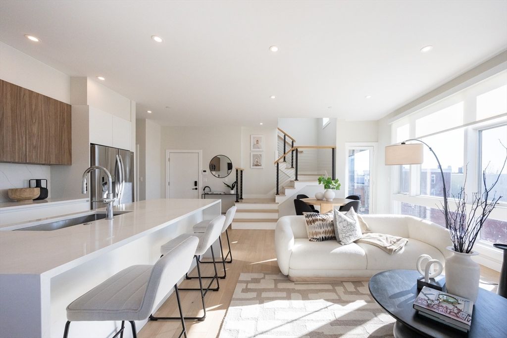 Interior, Kitchen, Living room, Recessed Lighting, Stainless Steel Appliances, Wood Texture Flooring