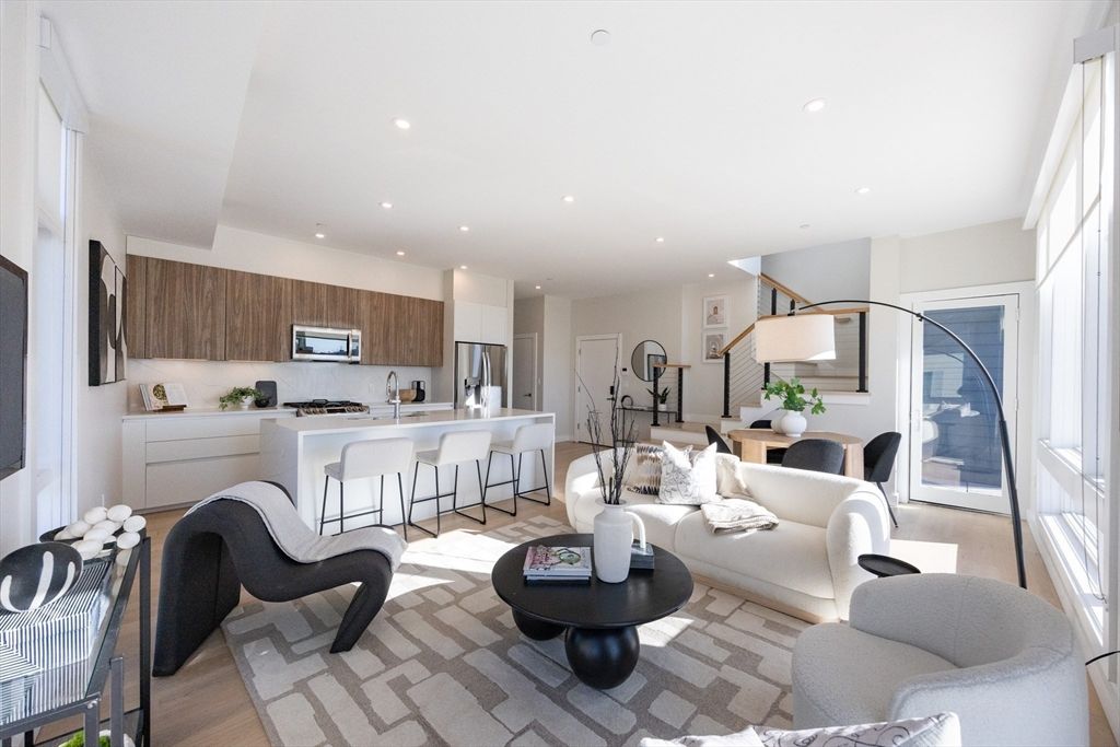 Interior, Kitchen, Living room, Recessed Lighting, Stainless Steel Appliances, Wood Texture Flooring