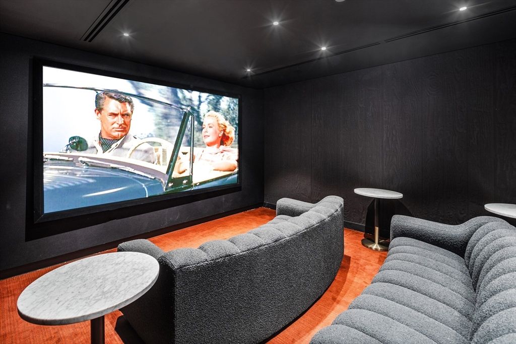 Interior, Projection Screen, Recessed Lighting, Theatre Room, Wood Texture Flooring