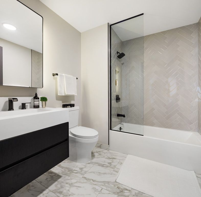 Bathroom, Glass Shower, Interior, Marble, Recessed Lighting
