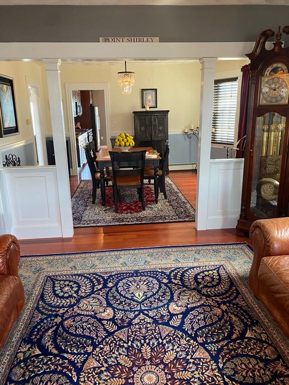 Chandelier, Dining room, Fireplace, Interior, Wood Texture Flooring