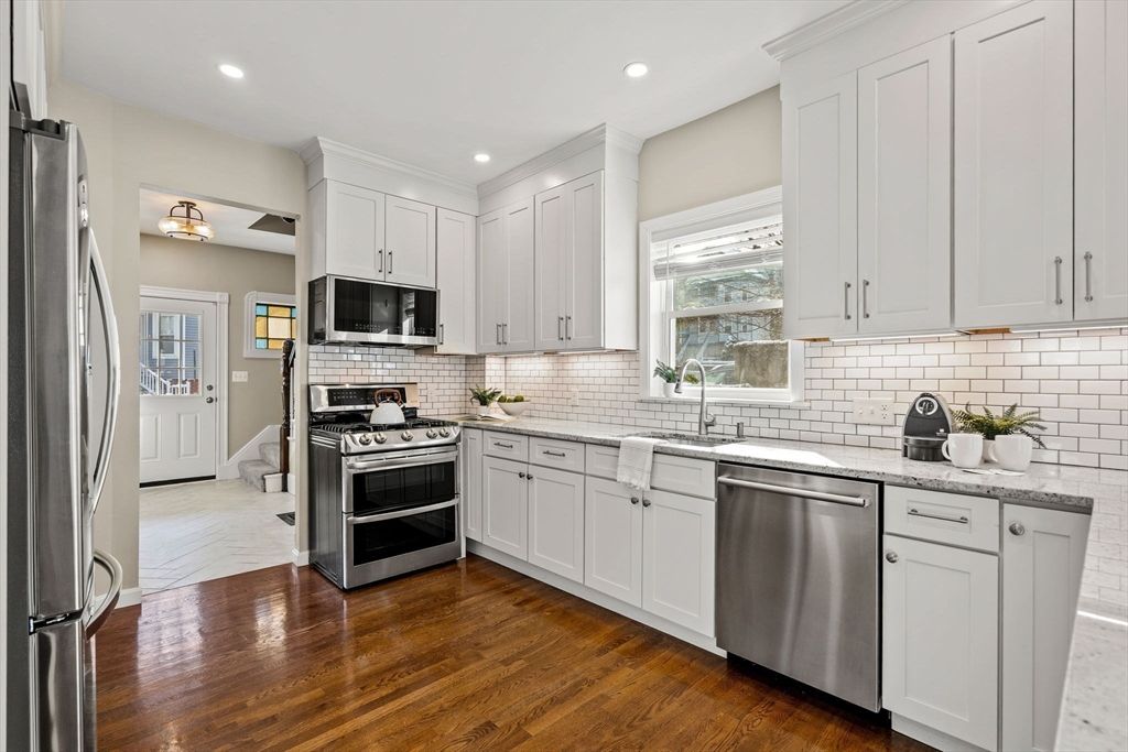 Interior, Kitchen, Recessed Lighting, Stainless Steel Appliances, Wood Texture Flooring