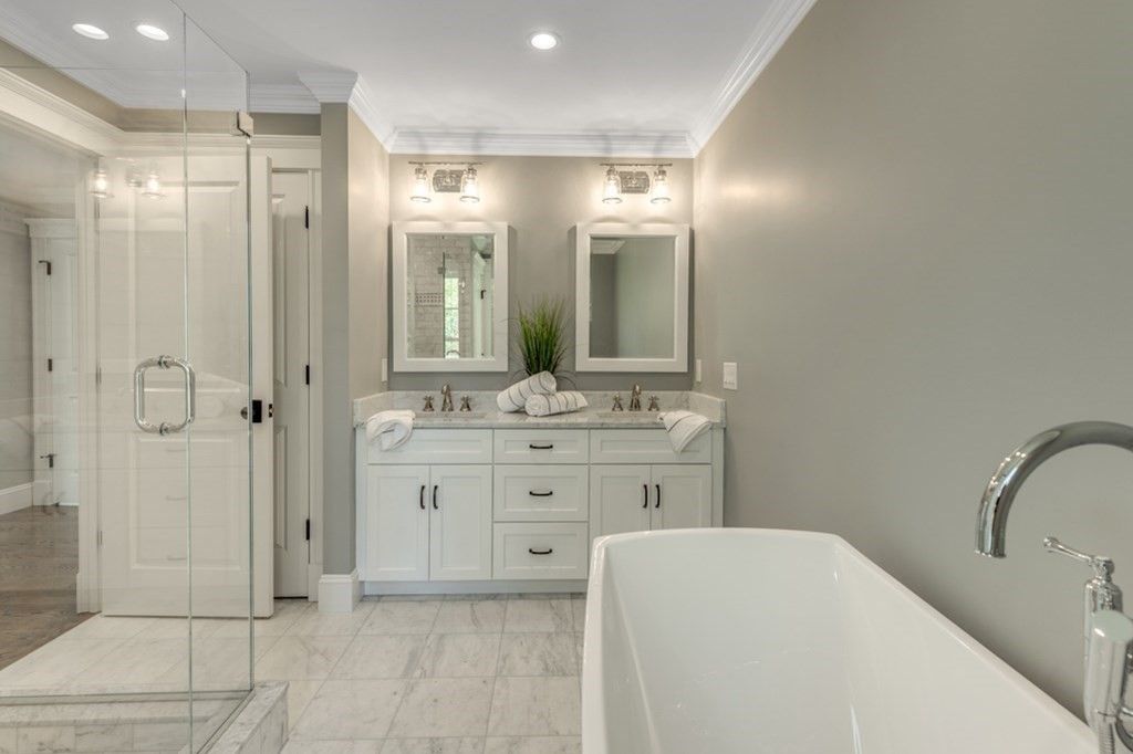 Bathroom, Dual Sink Vanities, Free Standing Baths, Glass Shower, Interior, Marble, Recessed Lighting
