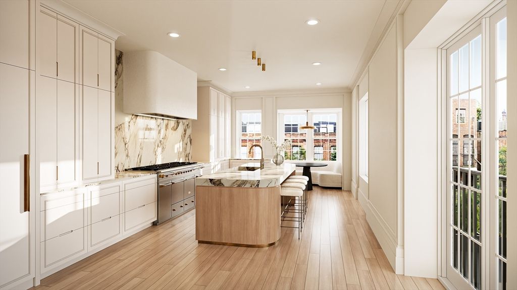 Interior, Kitchen, Marble Walls, Recessed Lighting, Wood Texture Flooring