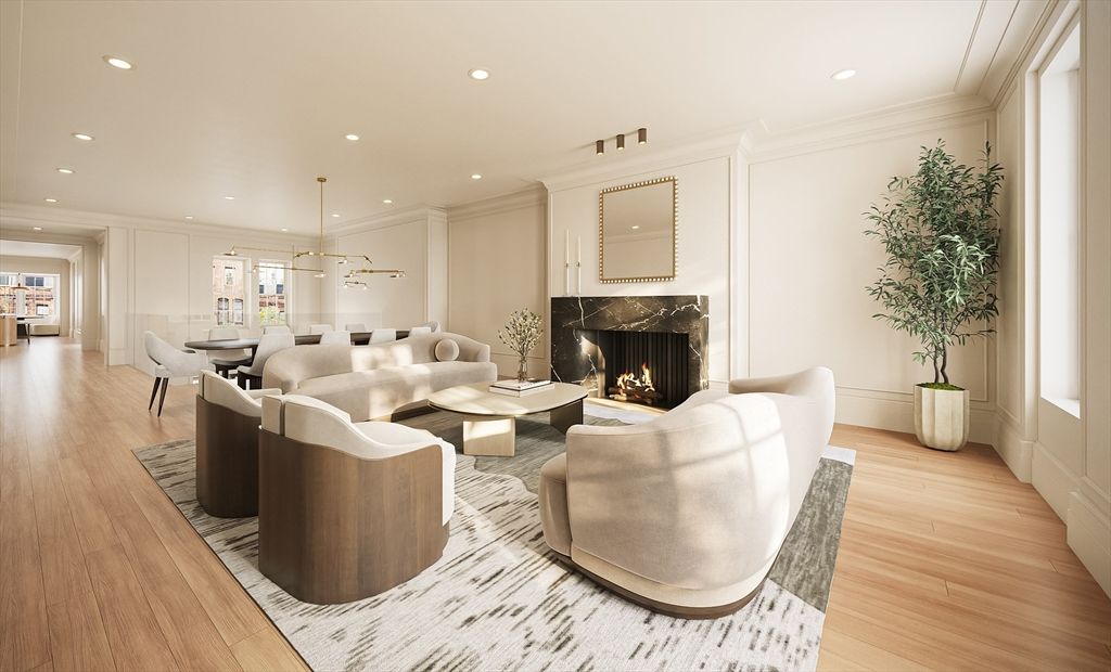 Dining room, Fireplace, Interior, Living room, Pendant Lights, Recessed Lighting, Wood Texture Flooring