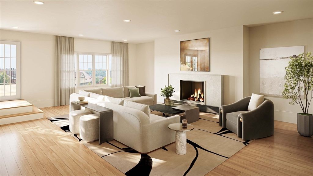 Fireplace, Interior, Living room, Recessed Lighting, Wood Texture Flooring