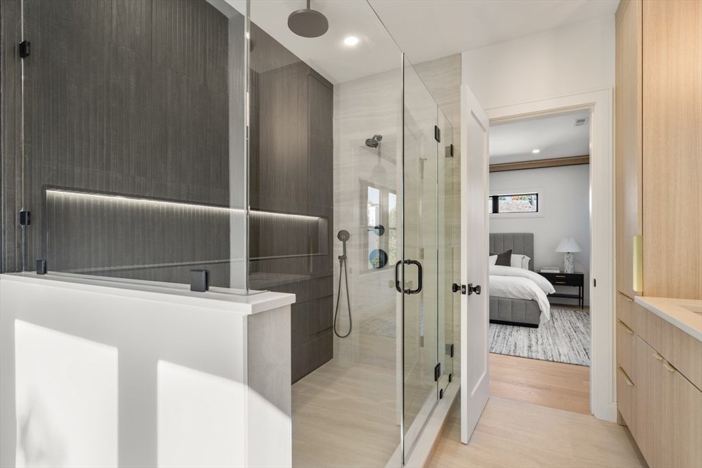 Bathroom, Bedroom, Glass Shower, Interior, Recessed Lighting, Wood Texture Flooring