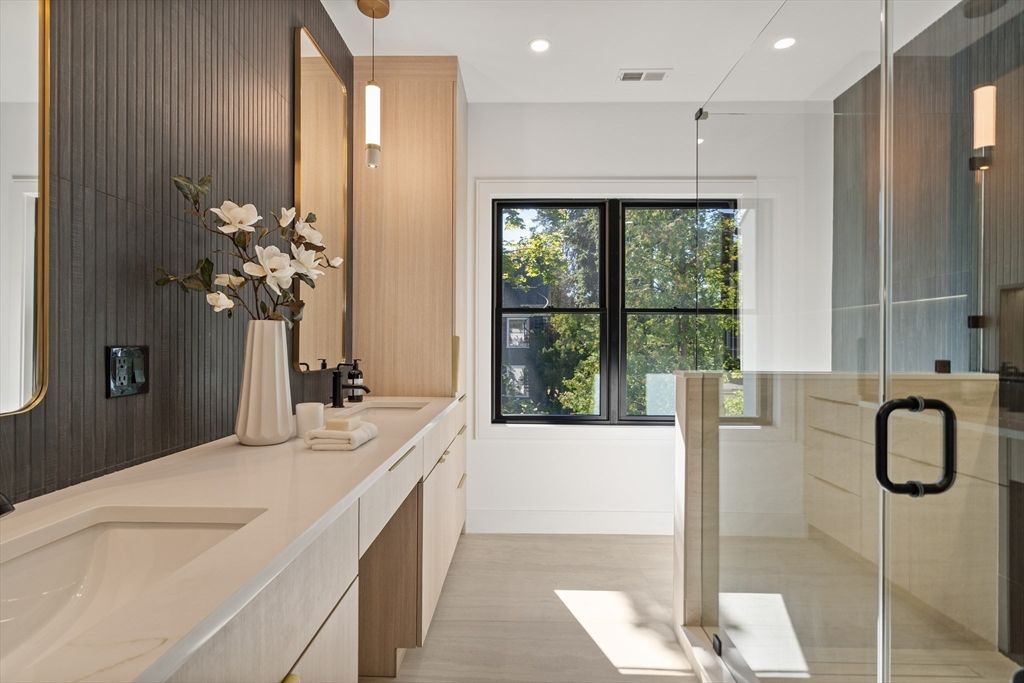 Bathroom, Dual Sink Vanities, Glass Shower, Interior, Pendant Lights, Recessed Lighting