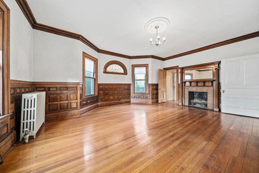 Chandelier, Empty room, Fireplace, Interior, Wood Texture Flooring