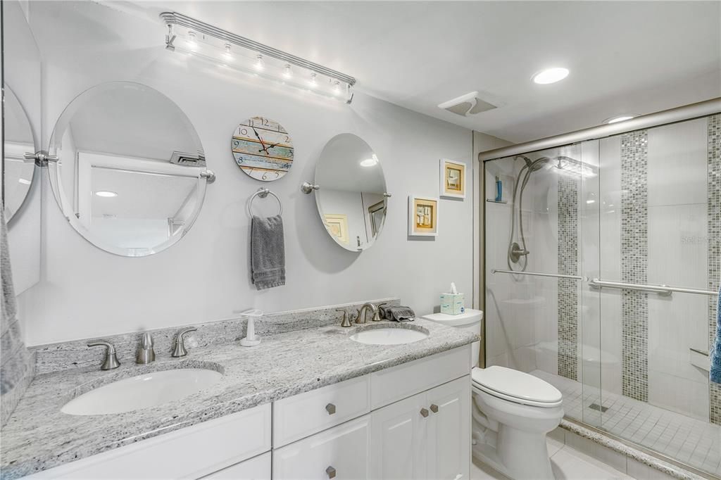 Bathroom, Dual Sink Vanities, Glass Shower, Interior, Recessed Lighting