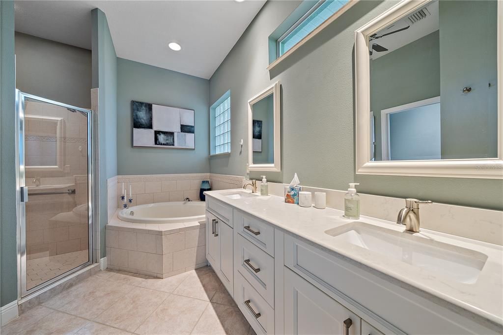 Bathroom, Dual Sink Vanities, Glass Shower, Interior, Recessed Lighting