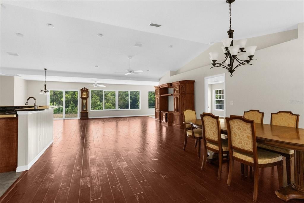 Chandelier, Dining room, Interior, Pendant Lights, Recessed Lighting, Wood Texture Flooring