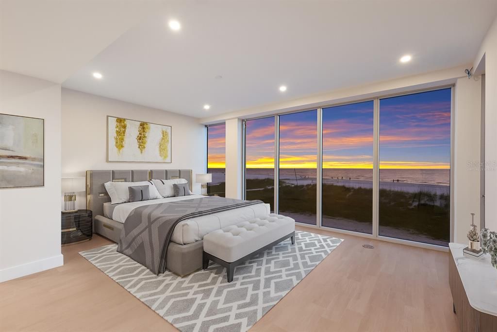 Bedroom, Interior, Recessed Lighting, Water, Wood Texture Flooring