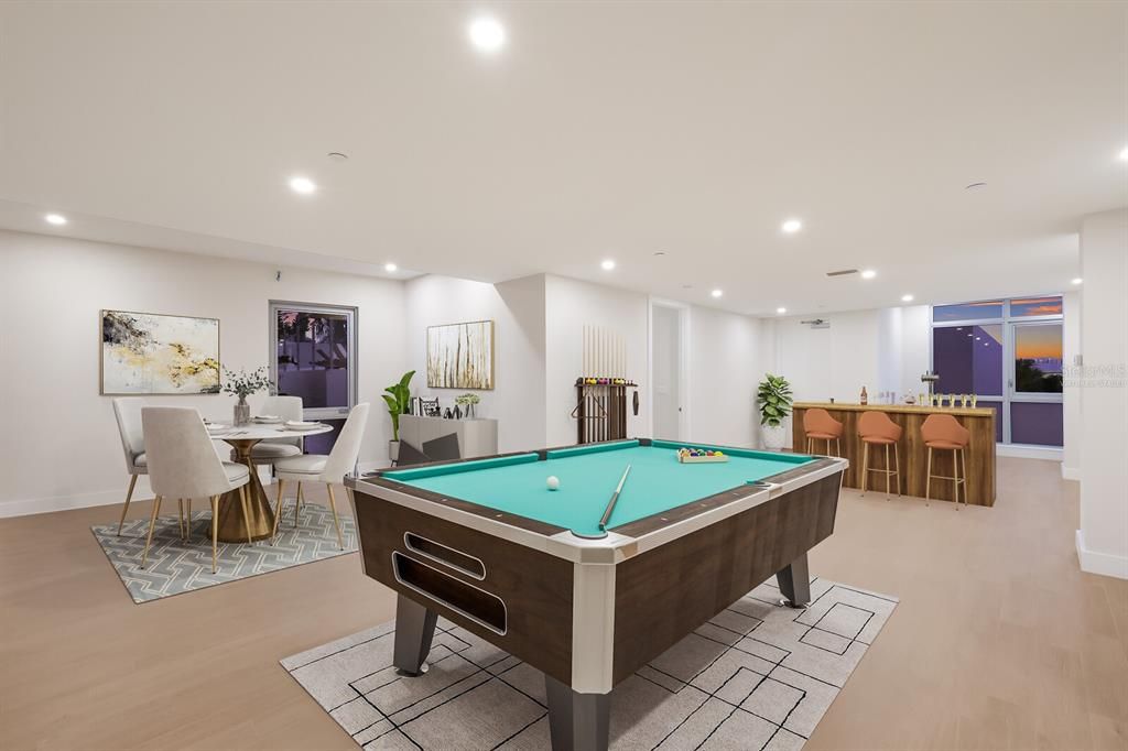 Billiard Table, Dining room, Game Room, Interior, Recessed Lighting, Wood Texture Flooring