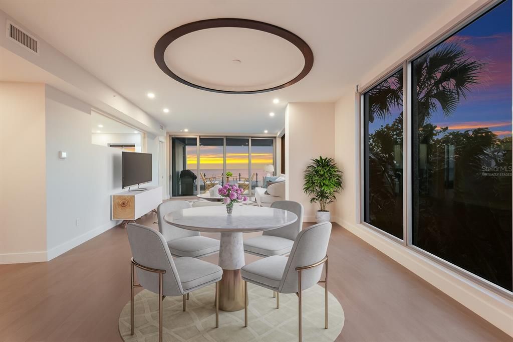 Dining room, Interior, Recessed Lighting, Wood Texture Flooring