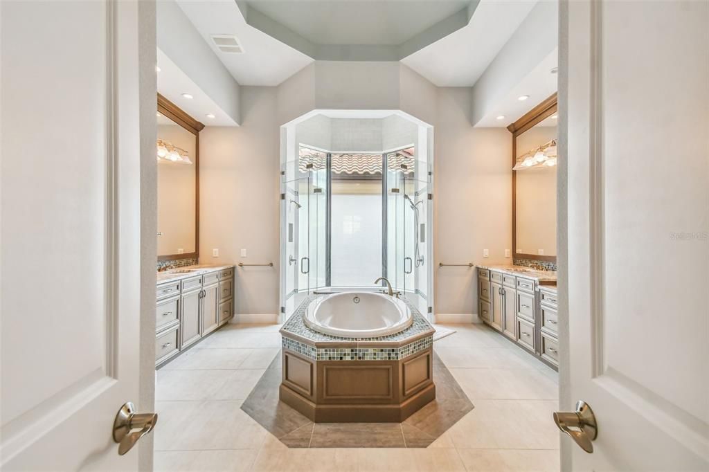 Bathroom, Dual Sink Vanities, Interior, Recessed Lighting, Tile Countertops