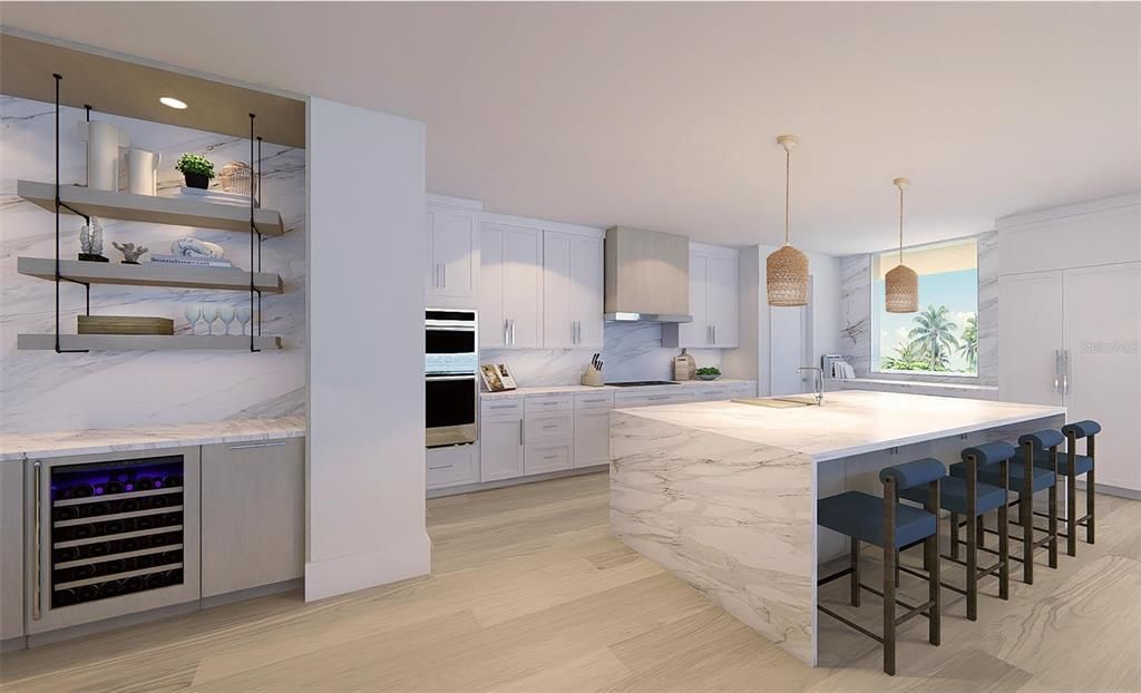 Interior, Kitchen, Marble Walls, Pendant Lights, Recessed Lighting, Wood Texture Flooring