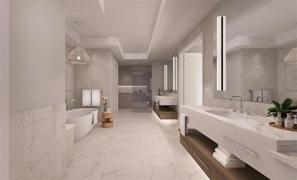 Bathroom, Dual Sink Vanities, Free Standing Baths, Interior, Marble, Marble Walls, Pendant Lights, Recessed Lighting