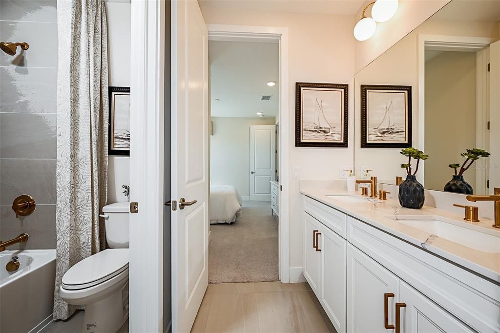 Bathroom, Dual Sink Vanities, Interior, Recessed Lighting, Wood Texture Flooring