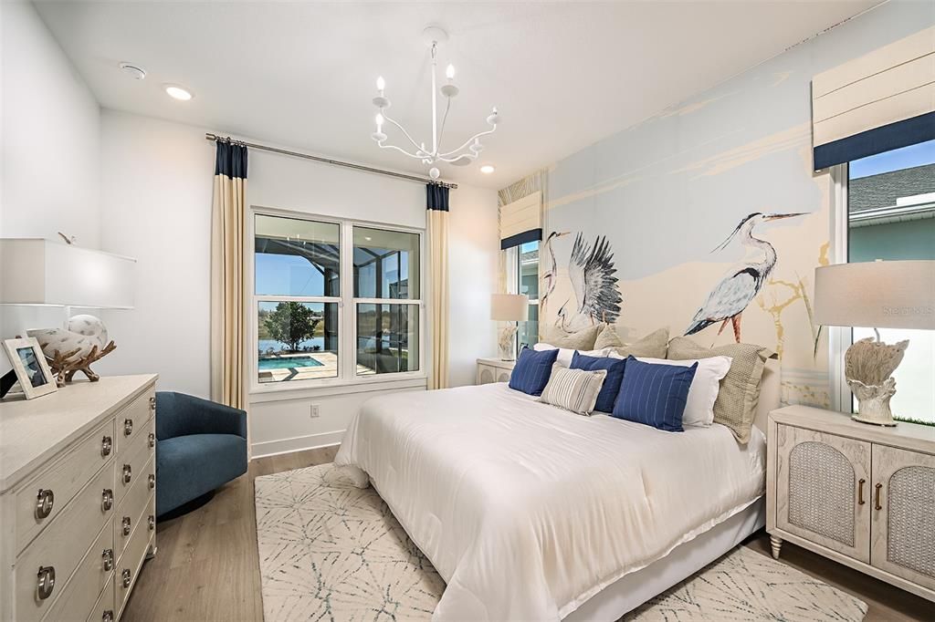 Bedroom, Interior, Pendant Lights, Recessed Lighting, Wood Texture Flooring