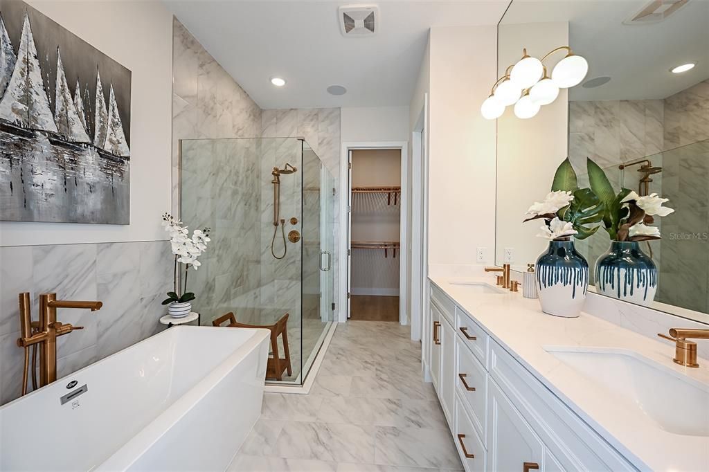 Bathroom, Dual Sink Vanities, Free Standing Baths, Glass Shower, Interior, Marble, Marble Walls, Recessed Lighting