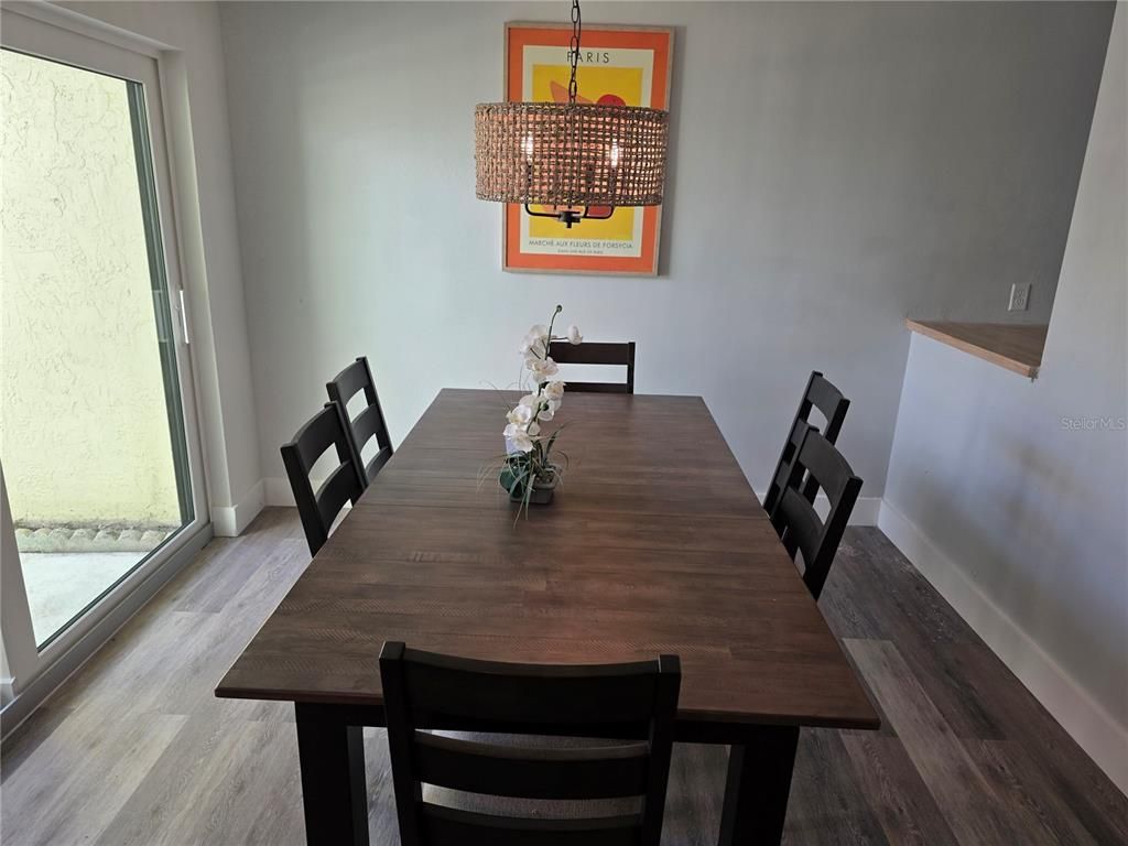 Dining room, Interior, Pendant Lights, Wood Texture Flooring